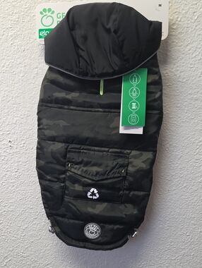 Black Camouflage Puffer Dog Coat with Green Trim